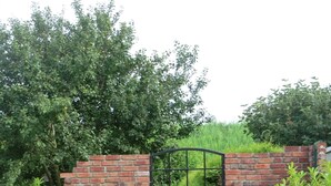 A brick wall with a metal gate, surrounded by grass and small trees. - North Sea coast, charming Frisian house on the old dike with sauna, fireplace for 2-8 p. (Wangerland)