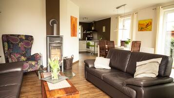 Smart TV, fireplace, DVD player, books