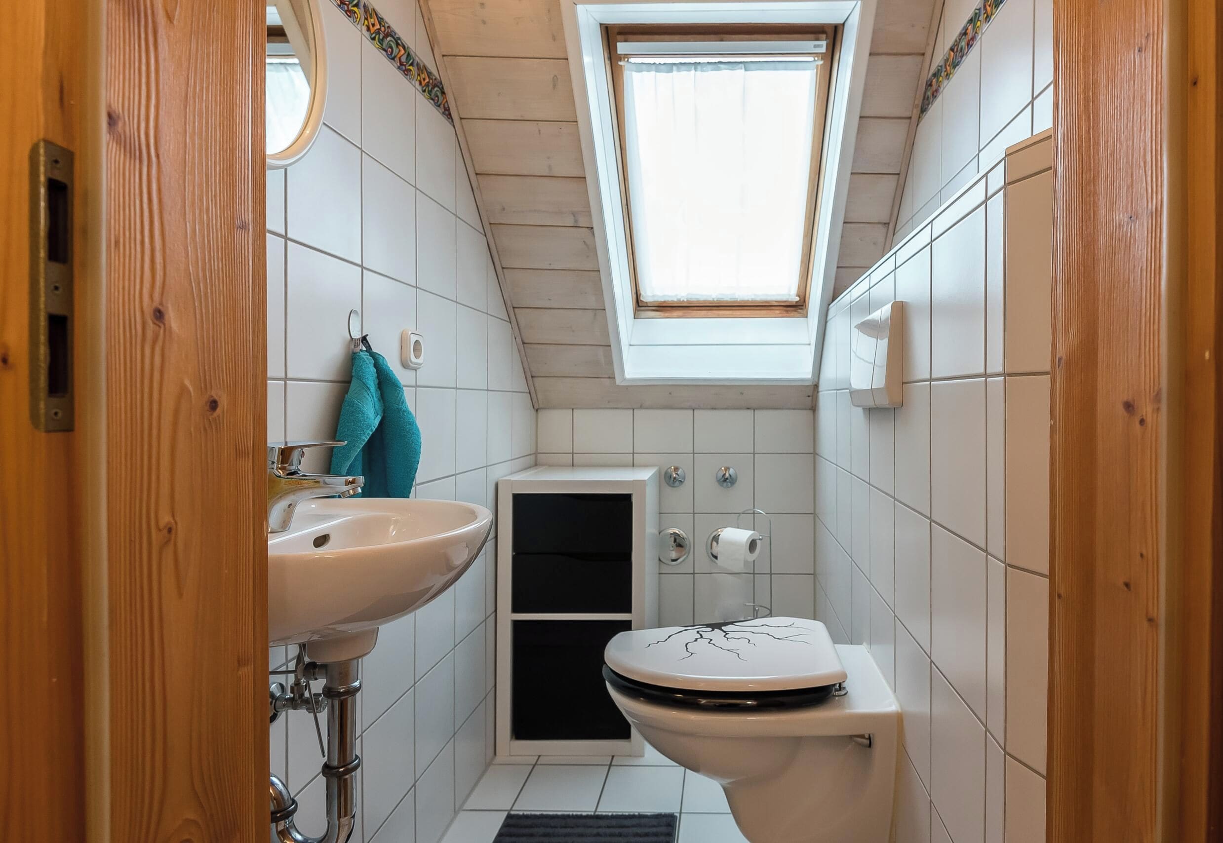 A compact bathroom with a skylight, a sink, and a toilet.