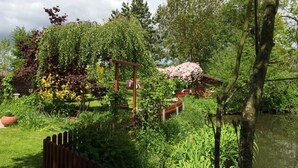 Un jardin agrémenté d’une pergola en bois, d’un bassin et de diverses plantes.