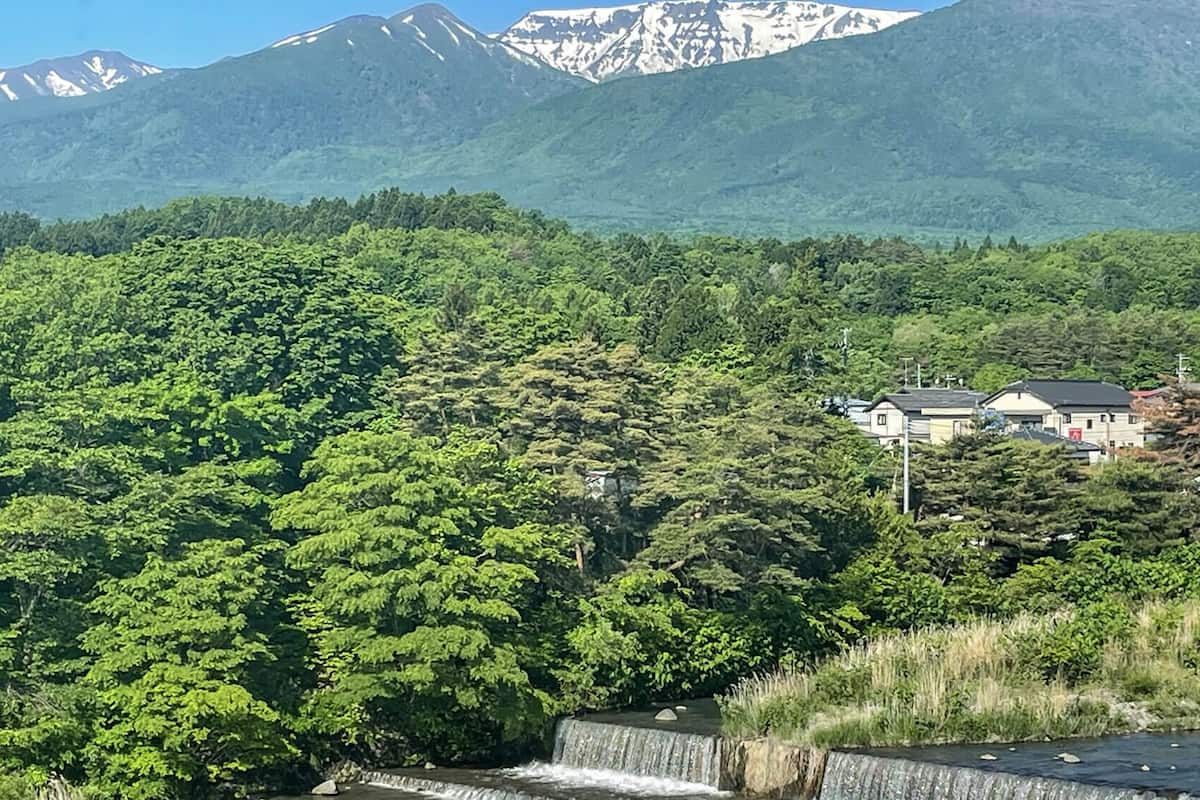A mountainous landscape with dense forest, a small settlement, and a waterfall.