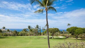 A golf course with a clear view of the ocean and palm trees. - 🏖️Keauhou Golf & Ocean View Condo w/ AC | Bridge-Level Entry (Kailua Kona)