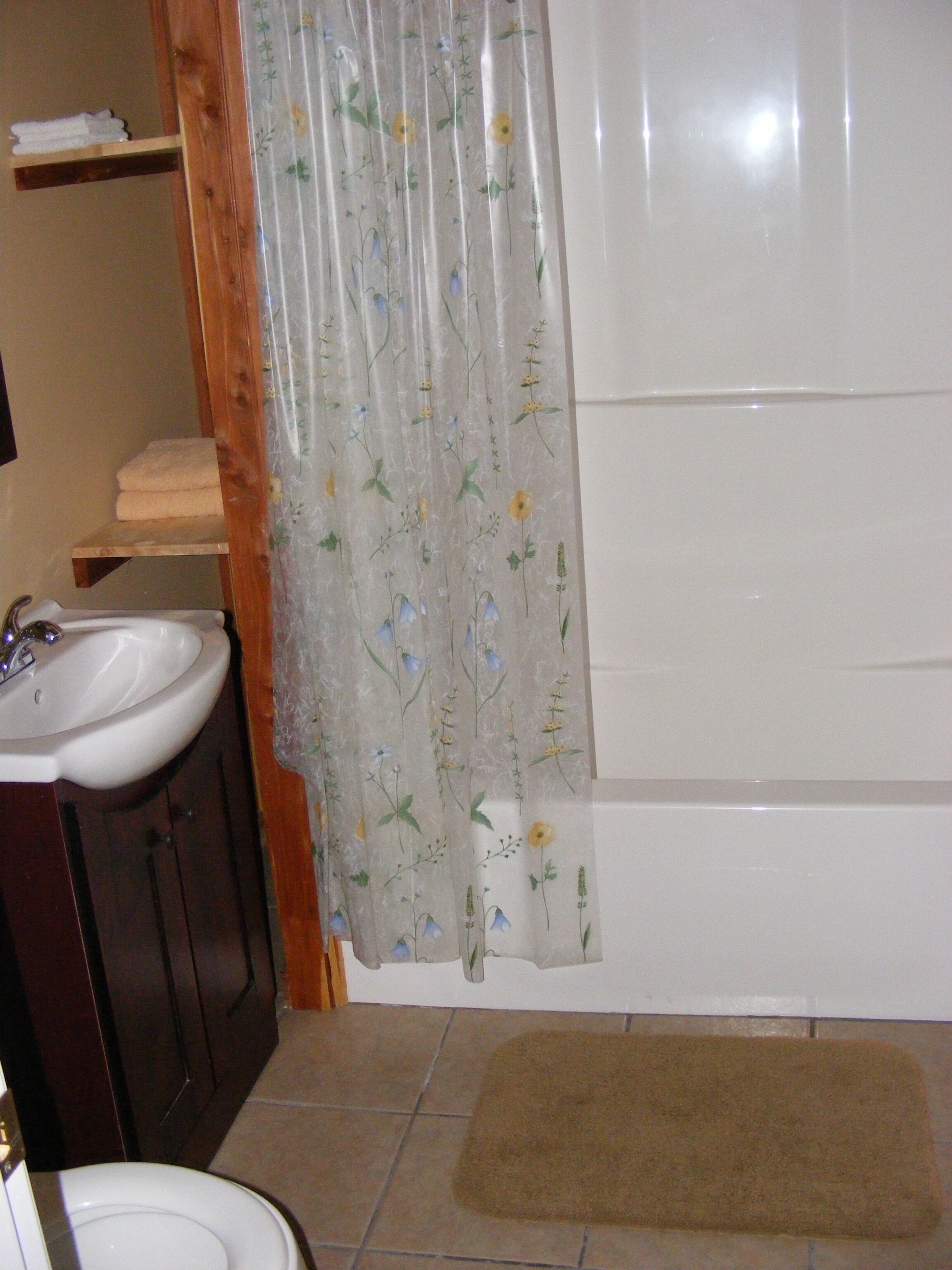 Une salle de bain avec un meuble-lavabo en bois, un évier, des toilettes et un rideau de douche orné de motifs floraux.