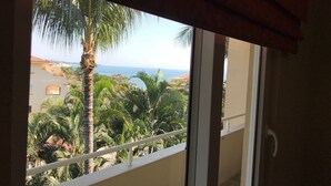 Un balcón con vista a palmeras y una costa lejana.