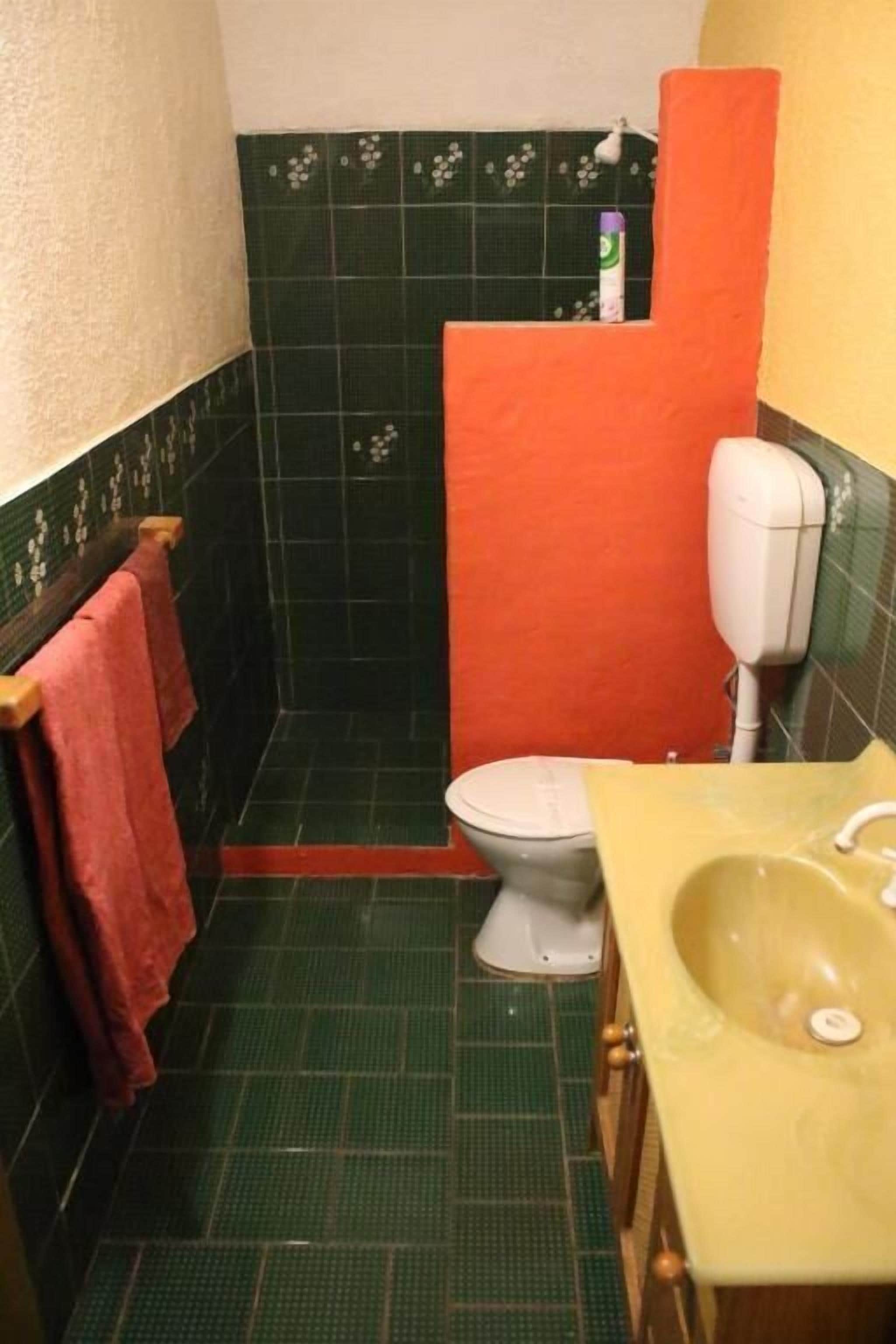 A bathroom with a toilet, sink, and shower area.