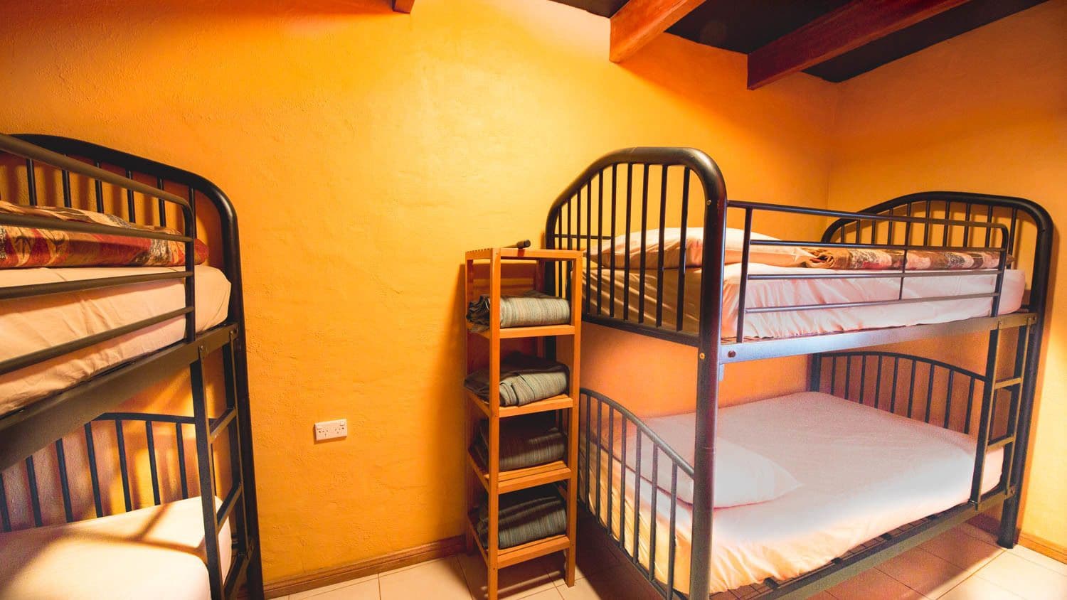 A dormitory room with bunk beds, a wooden ladder, and a shelf unit.