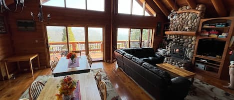 Smart TV, fireplace, DVD player, books