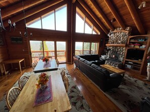 Smart TV, caminetto, lettore DVD, libri