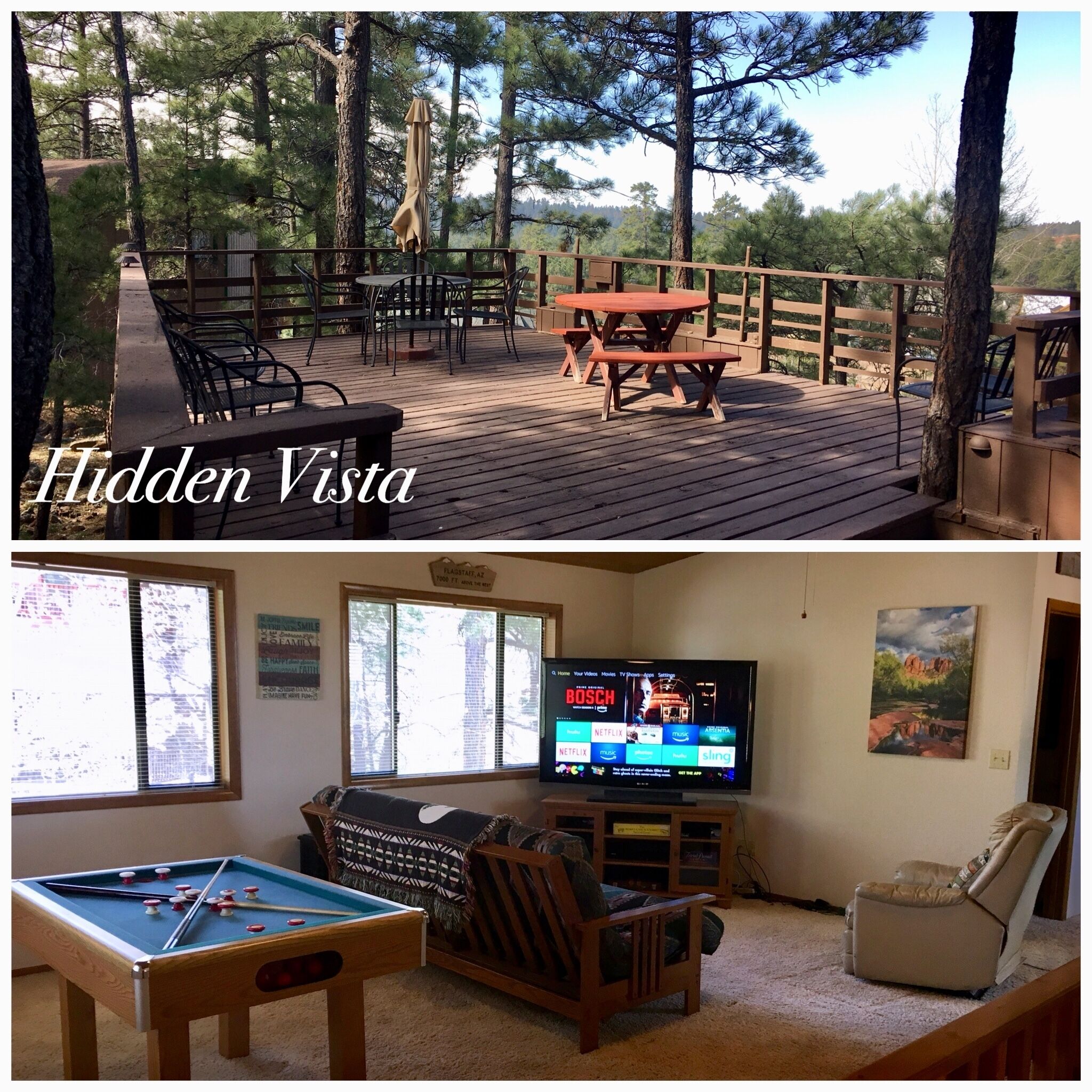 HIDDEN VISTA: Distance views from private oversized deck nestled in cool pines.