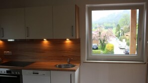 A modern kitchen with a wooden countertop, built-in oven, and dishwasher. A window provides a view of a residential street and greenery. - Maisonette apartment with mountain panorama for up to 5 people, 65 sqm, 1 bedroom (Bayerisch Gmain)