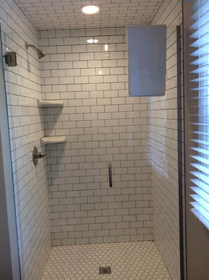 Combined shower/bathtub, hair dryer, towels, soap