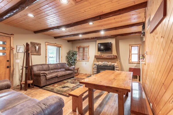 Smart TV, fireplace, DVD player, books