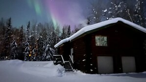 Une cabane dont le toit est recouvert de neige, entourée d’arbres également enneigés, sous un ciel nocturne illuminé par des aurores boréales.