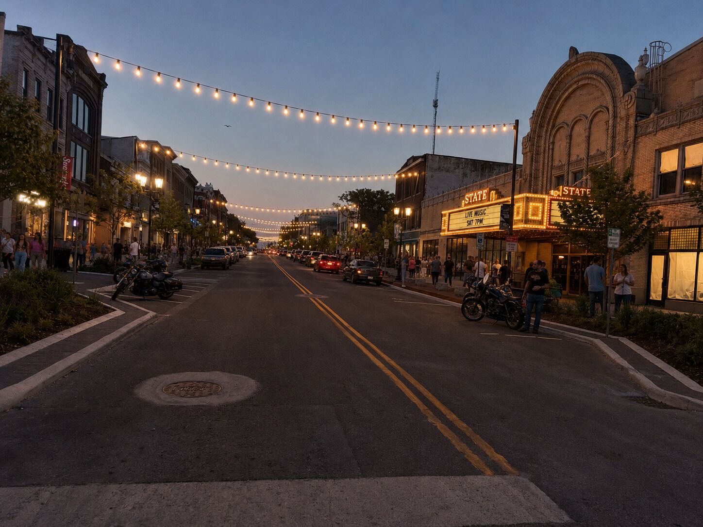 A street lined with buildings, including a theater with a marquee advertising live music.