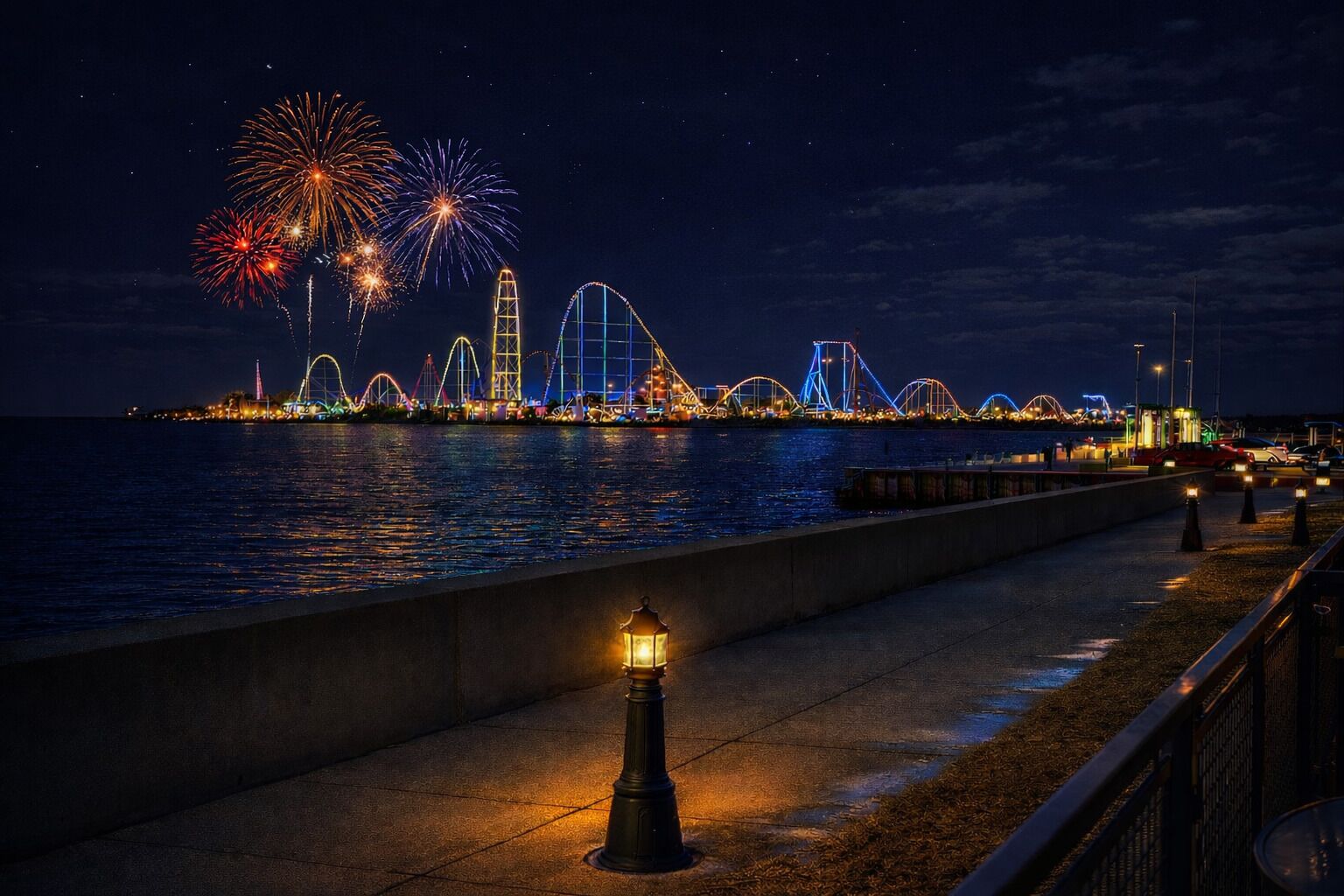 Een waterkantpromenade met verlichte achtbanen en vuurwerk op de achtergrond.