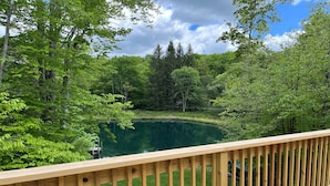 A wooden deck overlooking a lake surrounded by dense forest. - SS12-Bass, Blue Gill, and Catfish Pond! Hot Tub! Dolly Sods Access! (Davis)