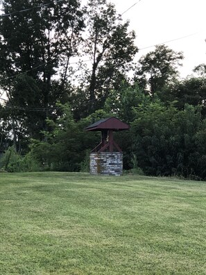 Situated in a serene wooded area, this charming gazebo offers a peaceful retreat.