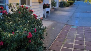A house with a number 2050 on the door, a porch with a white chair, and a brick pathway leading to the entrance. - COMFY-COZY, Quiet, EV car CHARGER, GARAGE, Recliner  (Grants Pass)