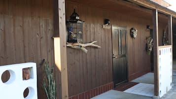 A wooden building with a door, a birdhouse, and a potted plant.