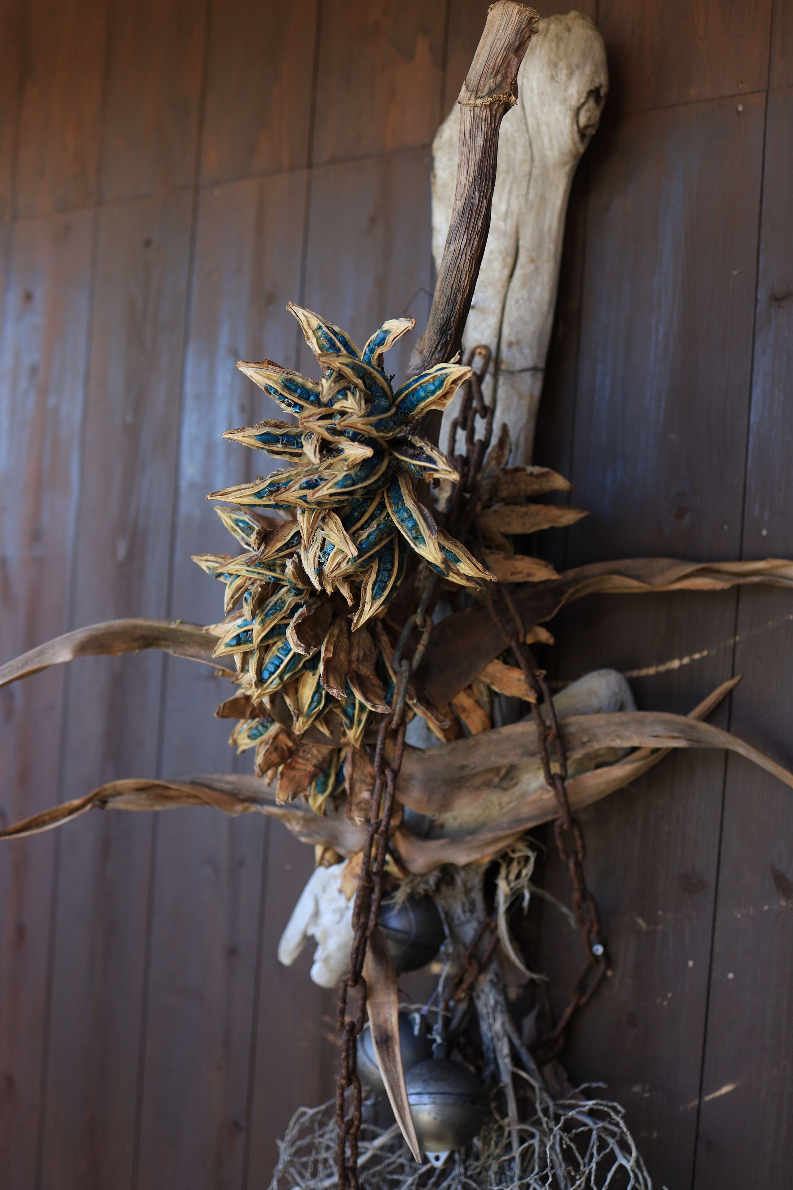 A dried plant arrangement with a wooden backdrop.