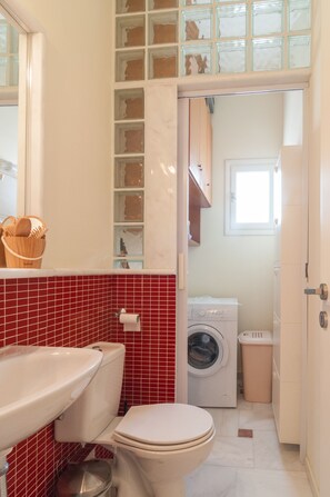 Combined shower/bathtub, hair dryer, towels, soap