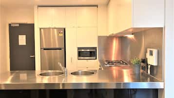 City Apartment, 2 Bedrooms, City View | Private kitchen | Full-sized fridge, microwave, oven, stovetop