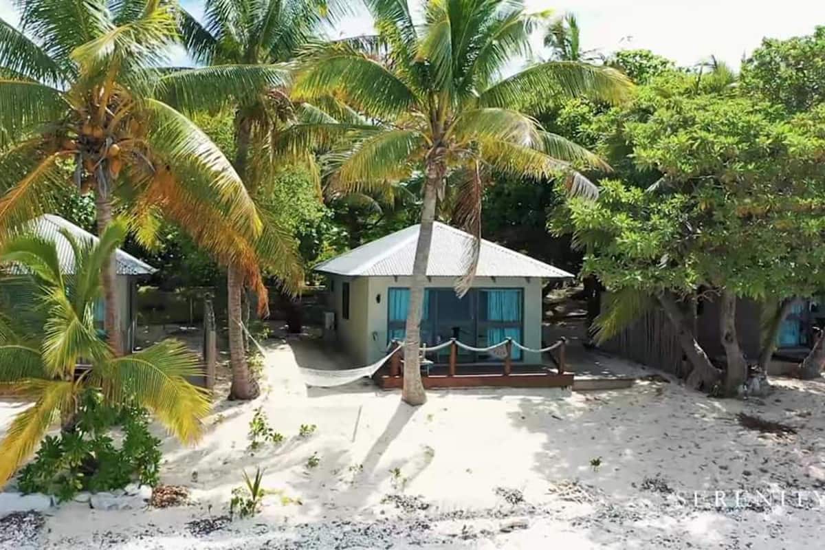 A small, single-story building with a thatched roof, surrounded by palm trees and sandy ground.