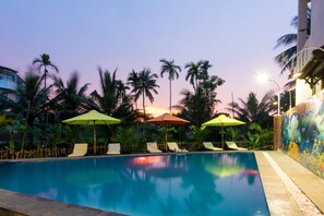 Outdoor pool, pool umbrellas, pool loungers