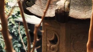 A close-up of a wooden structure with carved details, surrounded by foliage.