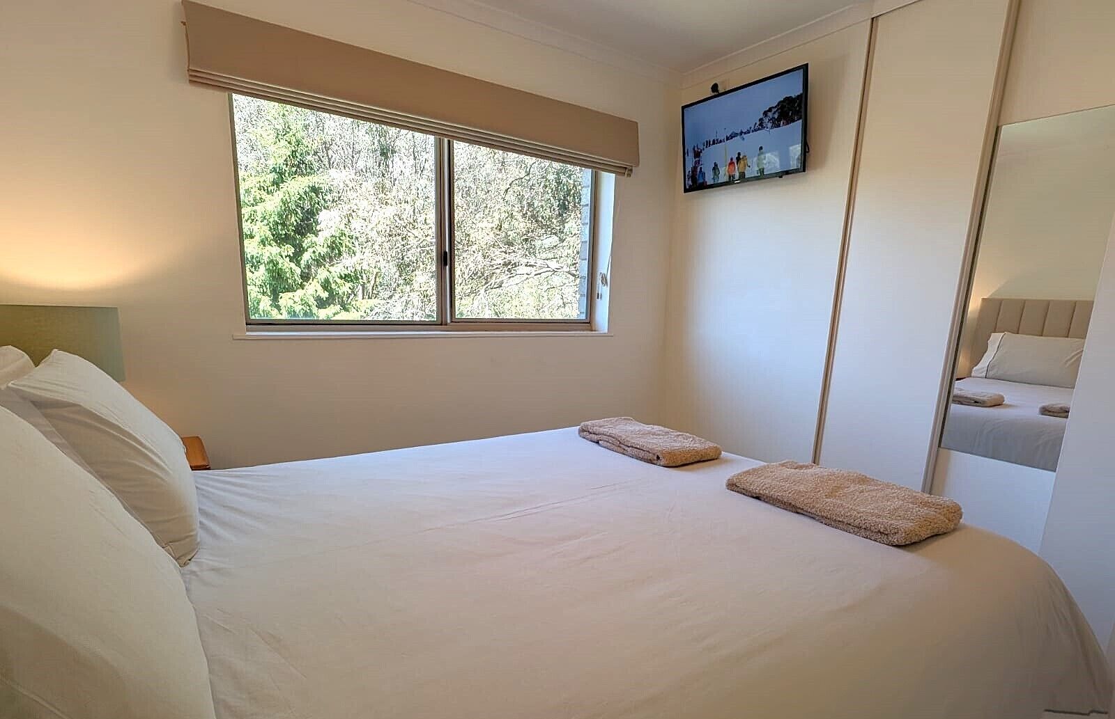 Una camera da letto con un letto grande, una finestra vista alberi, una televisione a parete e uno specchio.