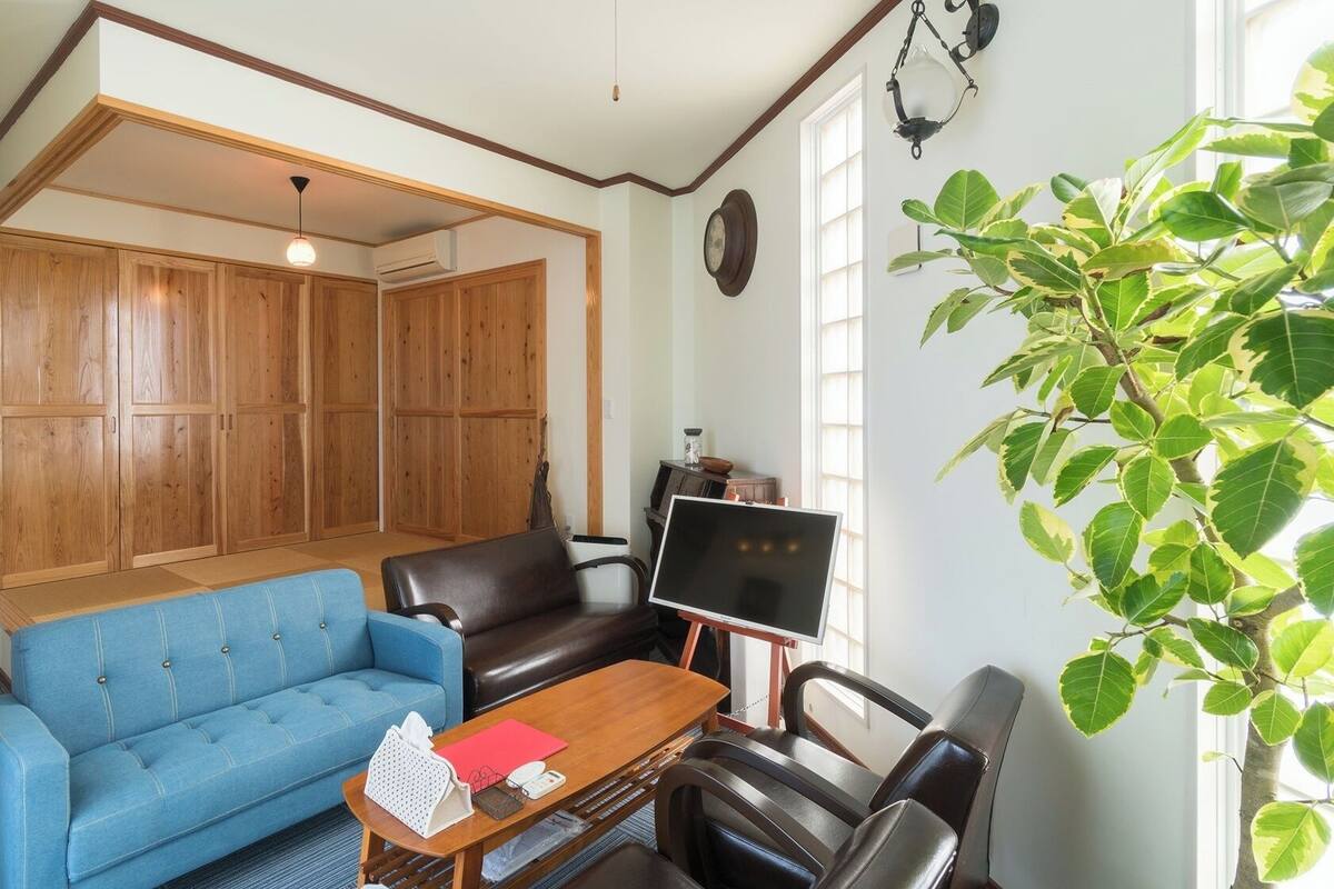 A living room with a blue sofa, a wooden cabinet, a television, and a potted plant.