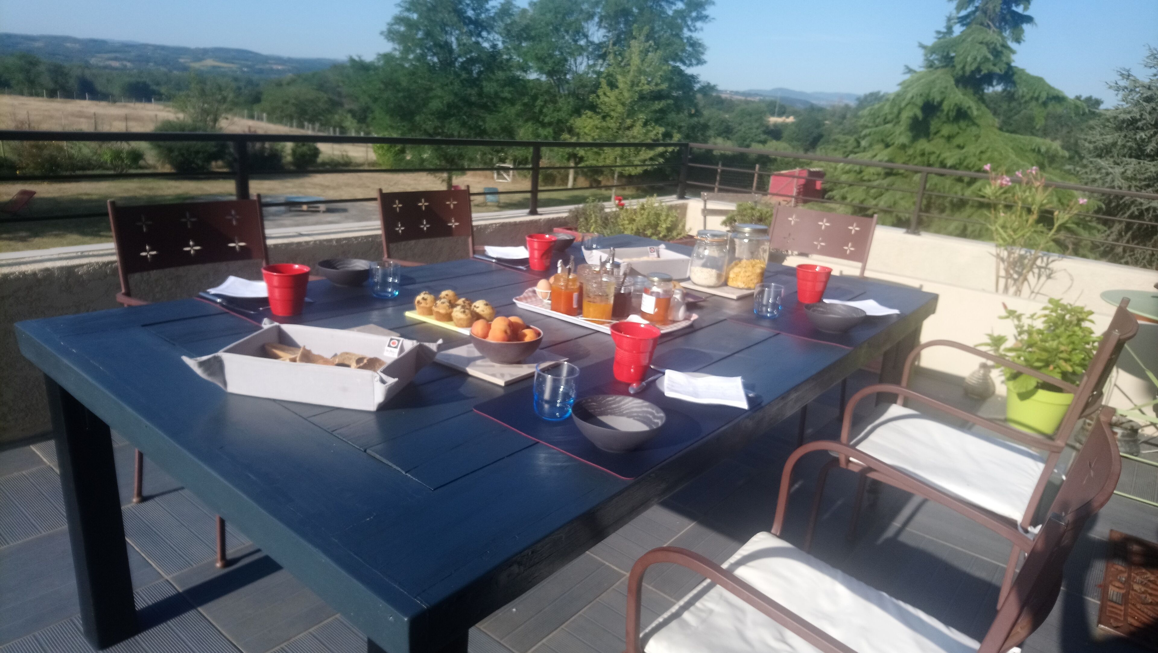 An outdoor dining area with a table set for a meal, surrounded by chairs, and overlooking a scenic landscape.