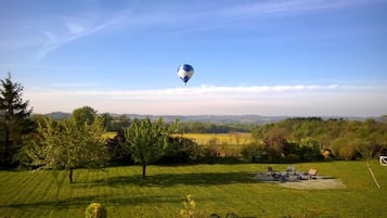 A hot air balloon in a grassy field with trees and a distant view of hills.