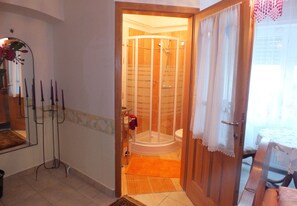 A bathroom with a shower, a toilet, and a mirror. - Ferienhaus Waldhof (Döbrököz)