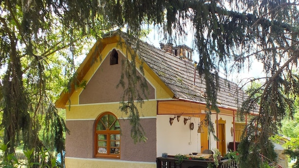 Een traditioneel huis met een schuin dak, een voortuin en een kleine tuin.