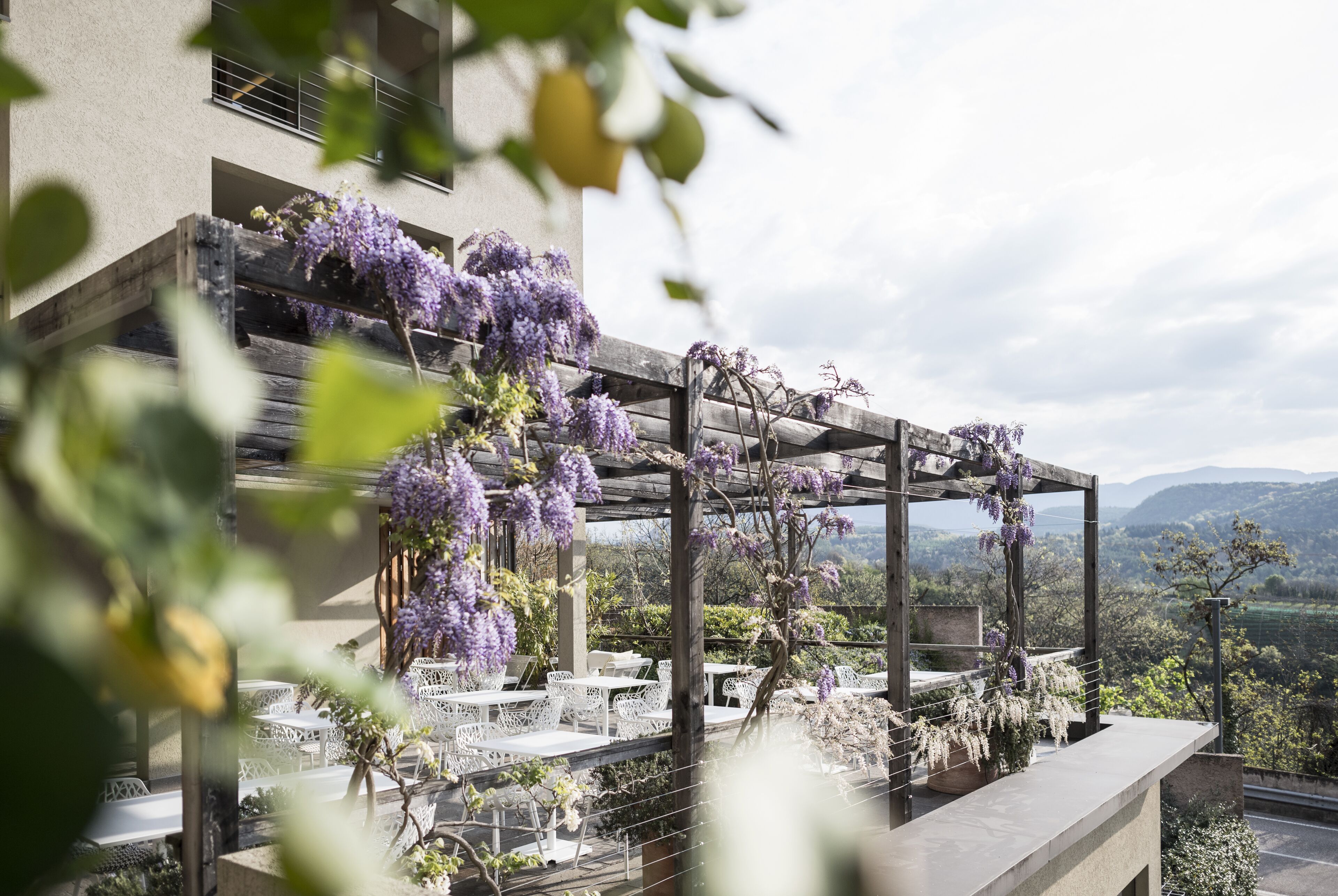 A rooftop terrace with white outdoor seating, surrounded by purple flowers and greenery, overlooking a scenic landscape.