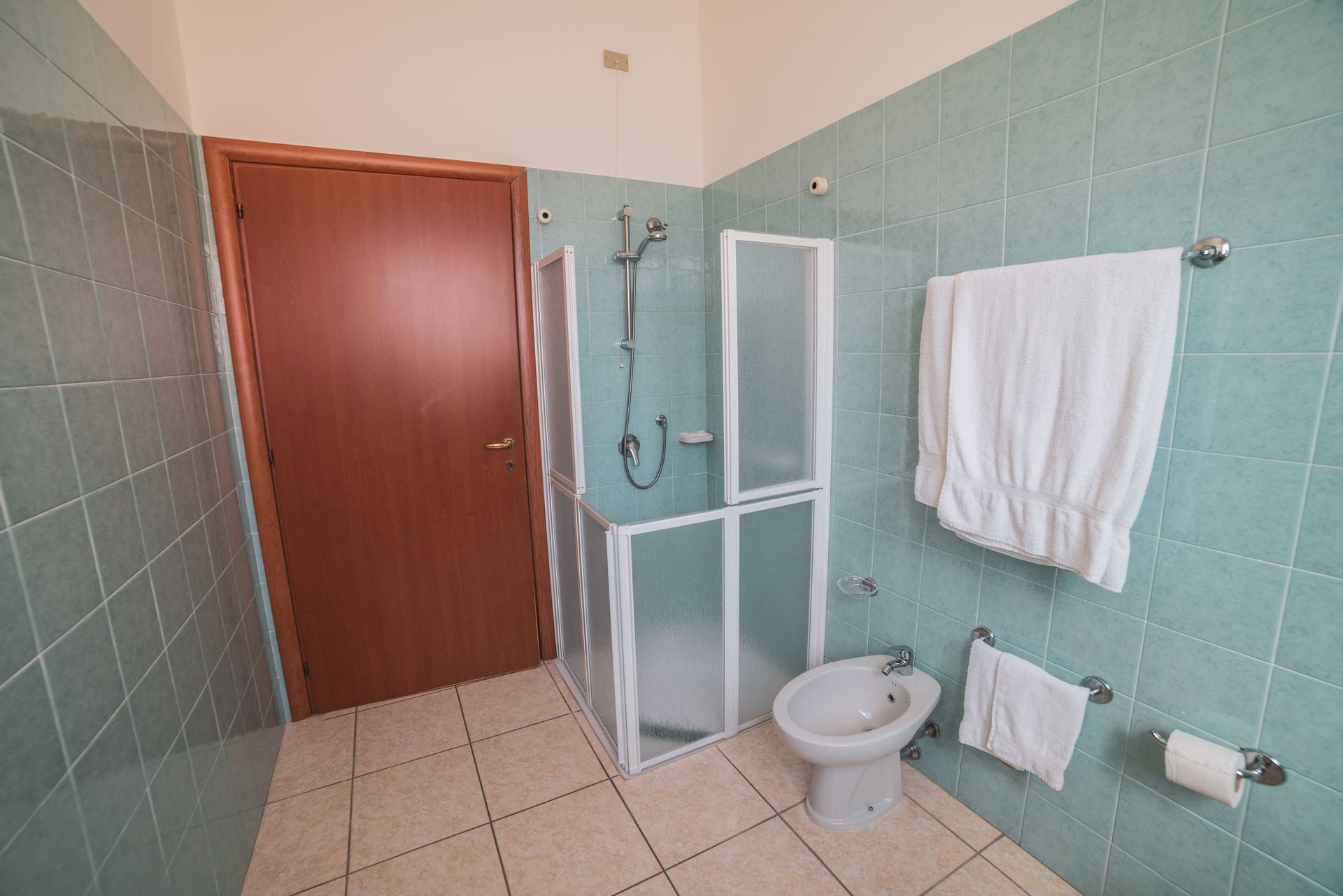A bathroom with a shower, toilet, and bidet.