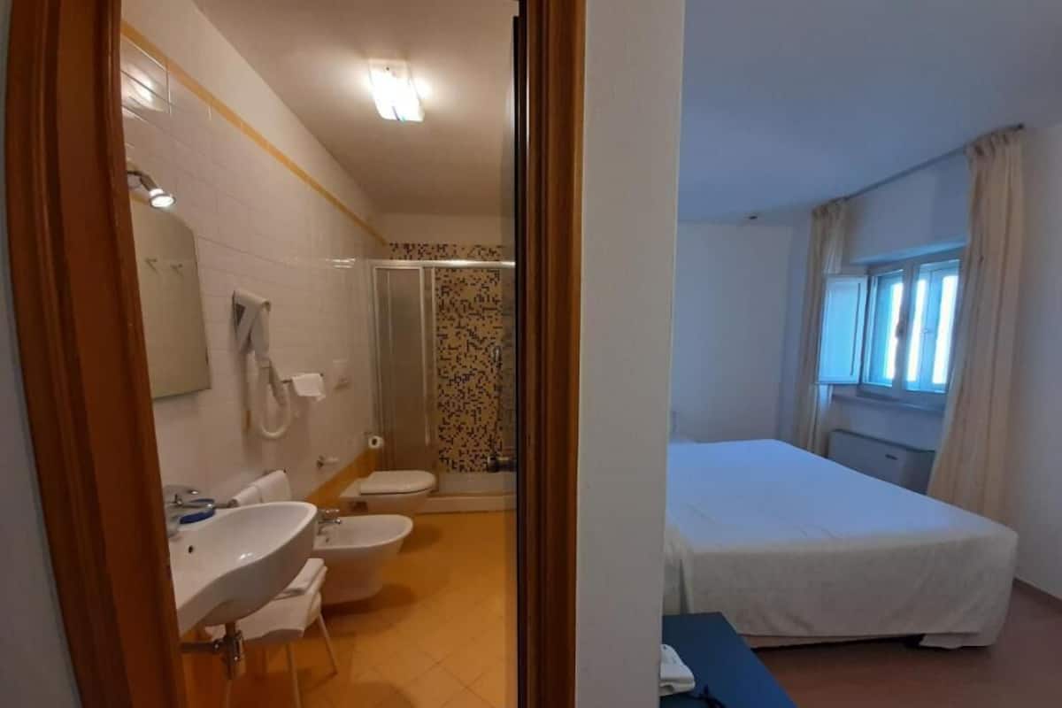 A hotel room with a bed, a bathroom with a sink, toilet, and shower, and a window with curtains.