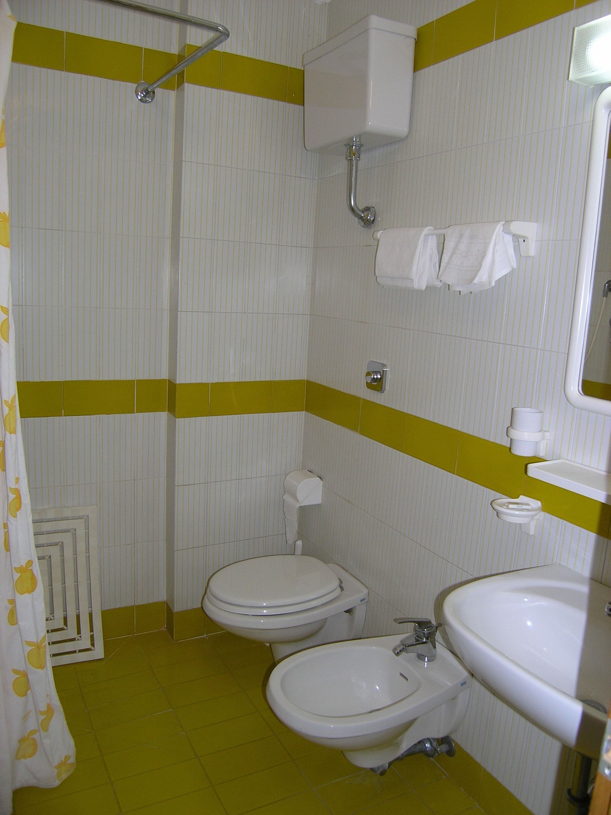 Un bagno dotato di due servizi igienici, un bidet, un lavandino e una doccia.
