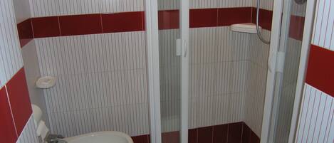 A bathroom with a toilet, bidet, and a shower stall.