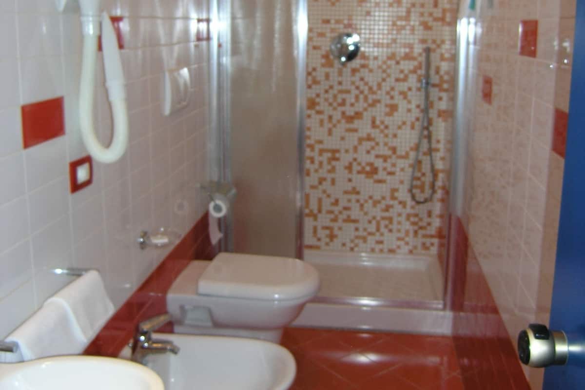 A bathroom with a shower, toilet, bidet, and sink.