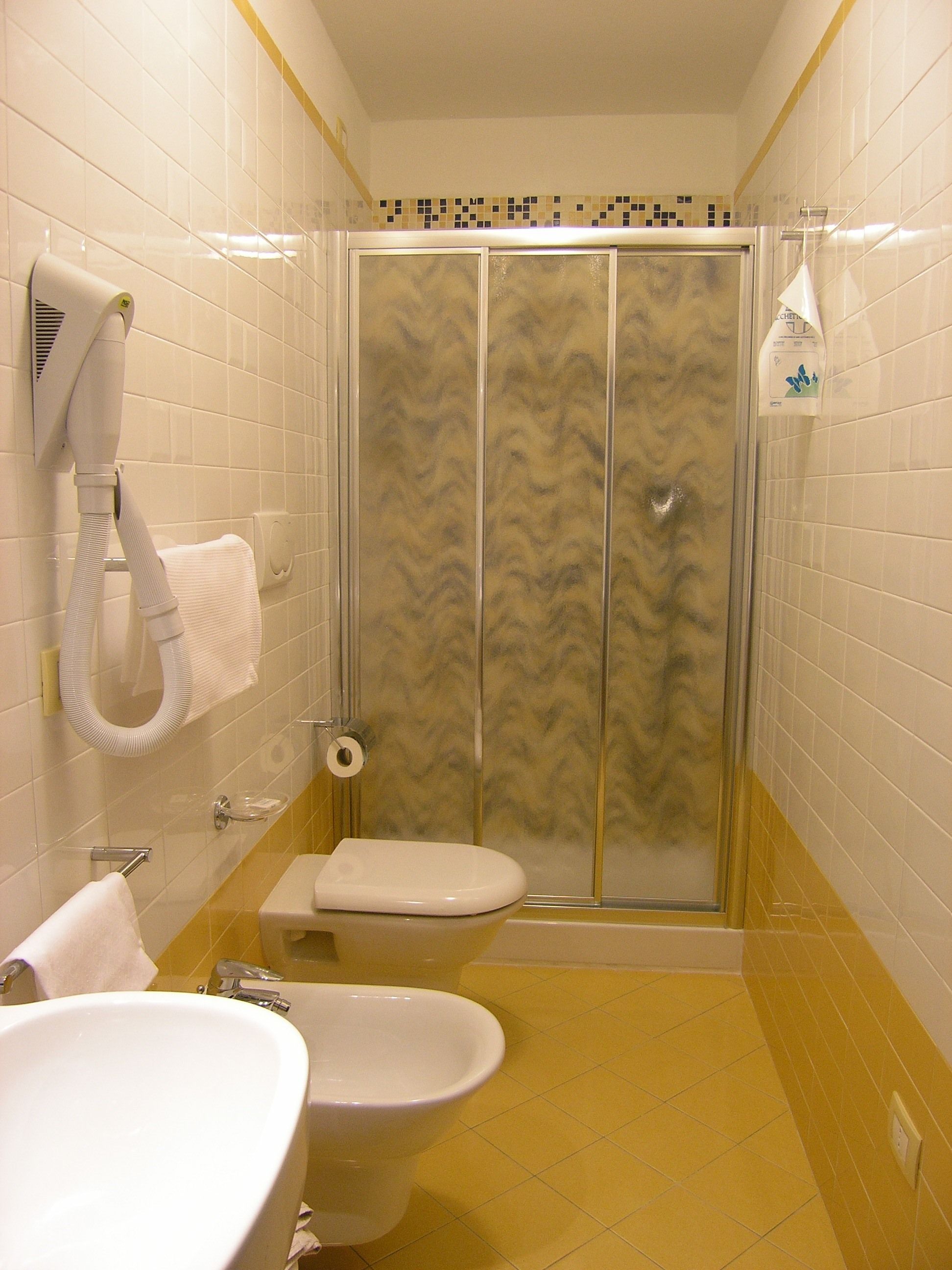 Une salle de bain avec douche, toilettes et lavabo.
