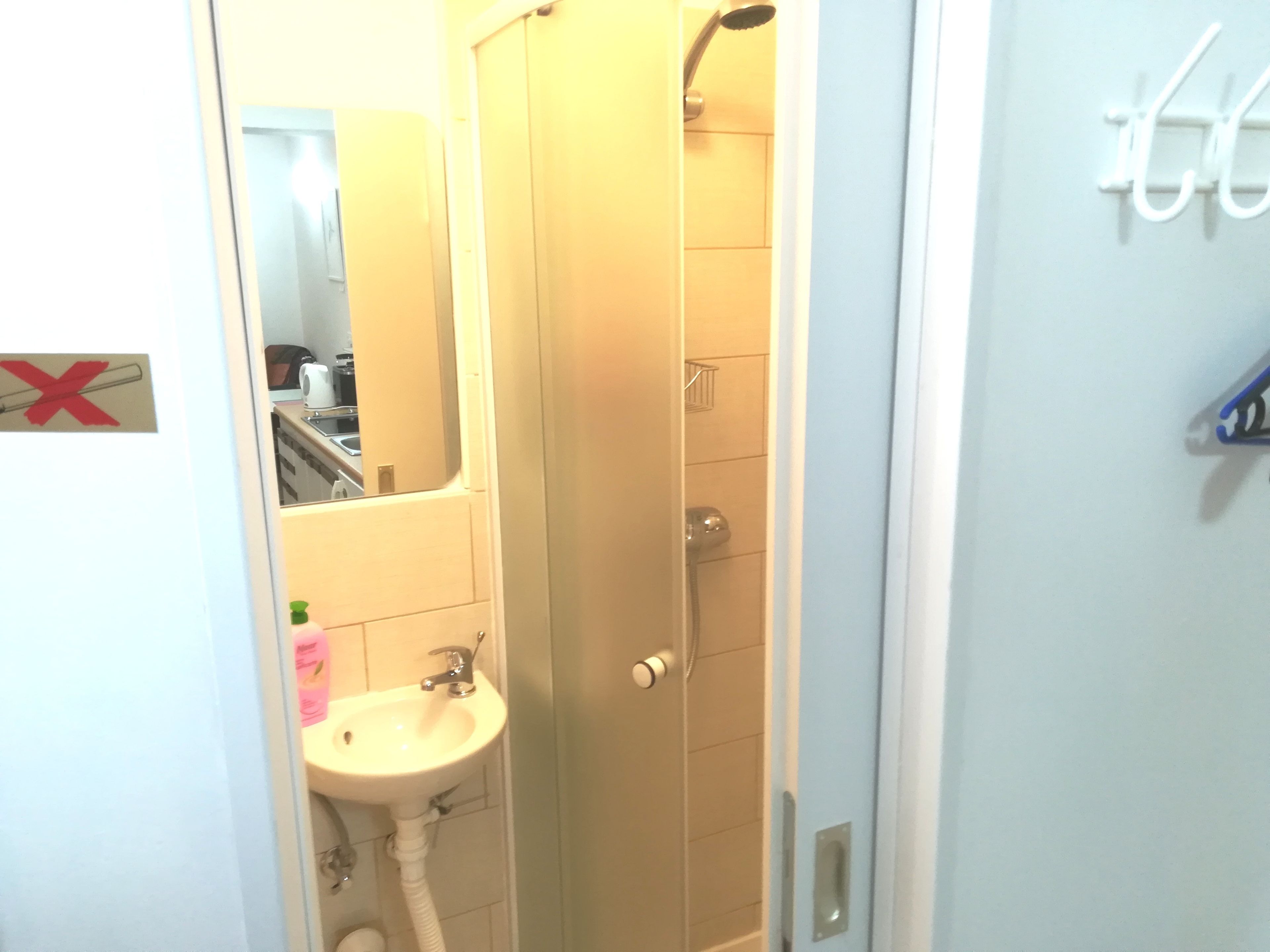 A bathroom with a sink, mirror, and shower.