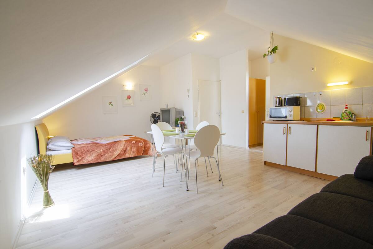 Un appartement moderne et bien éclairé, comprenant un coin repas, une kitchenette et un lit.