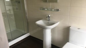 A bathroom with a glass shower enclosure, a pedestal sink, and a toilet.