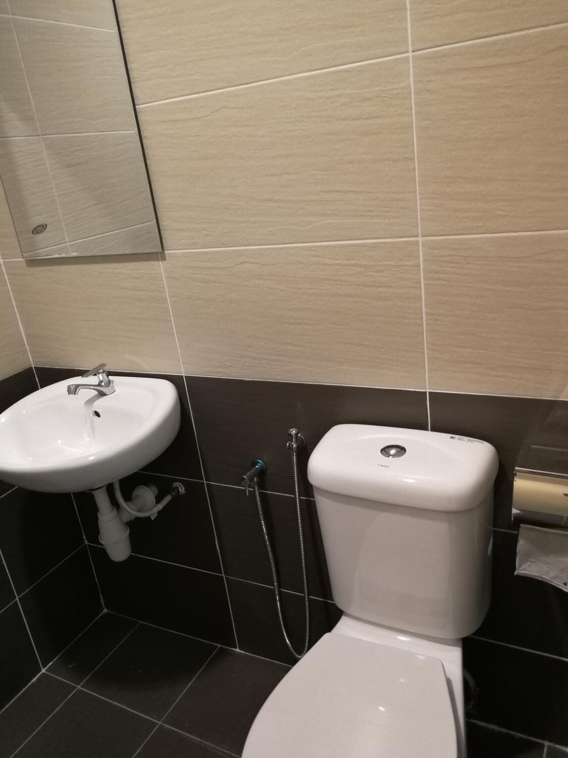 Un baño con lavamanos blanco, inodoro y cabezal de ducha.