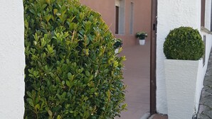 A narrow pathway leading to a building with a white exterior and a small balcony. There are potted plants along the path. - Hotel dei Cappuccini (San Giovanni Rotondo)
