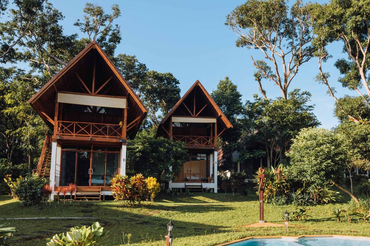 Two wooden cabins with large windows, surrounded by lush greenery and a swimming pool.