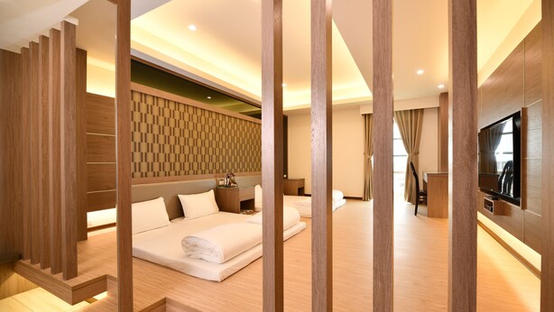 Una camera d'albergo moderna con un letto grande, una televisione e un divisorio in legno.