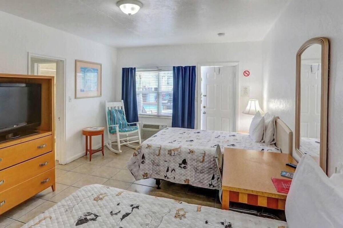 A hotel room with a television, a desk, a chair, a bed, and a mirror.
